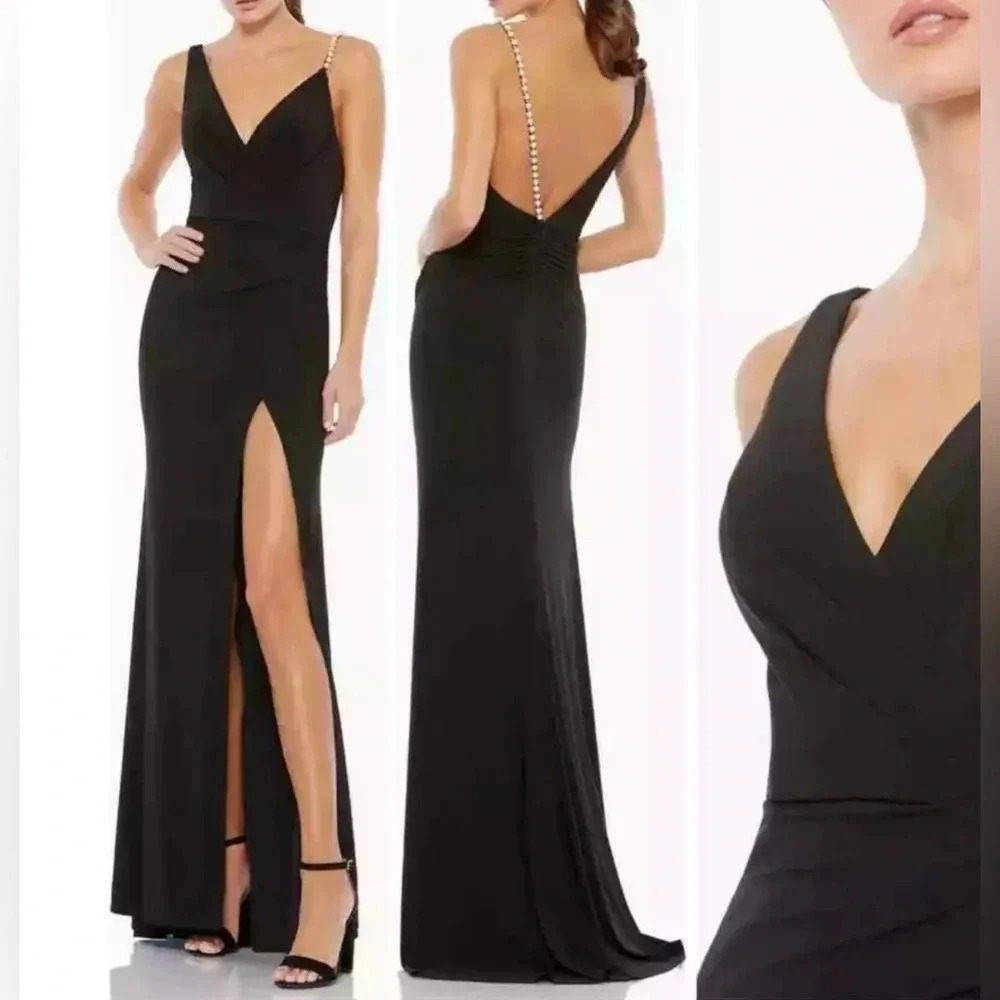 Mac Duggal 26532 Asymmetrical Pearl Strap V-Neck Gown Size 4 Black